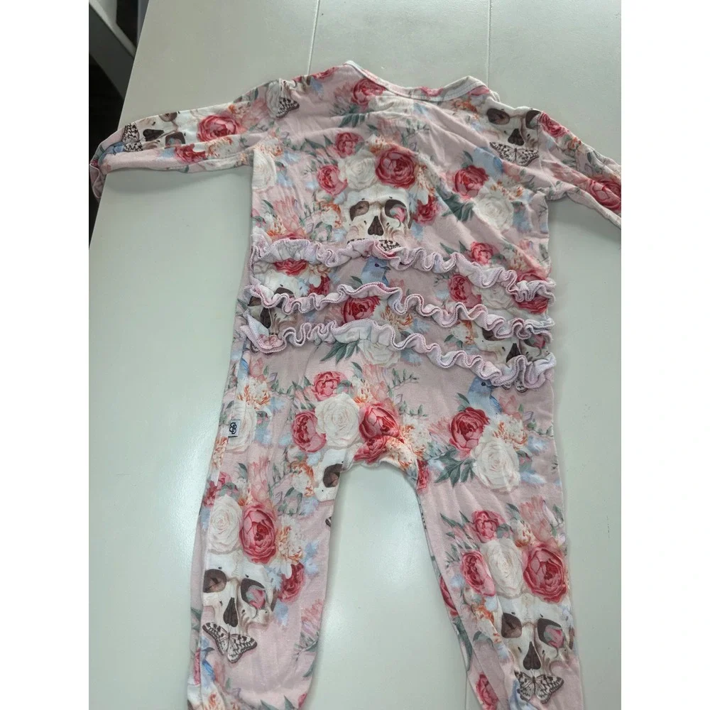 Little Bum Bums Footie Sleeper 0-3M Pink Floral Skull Excellent Ruffle Bamboo